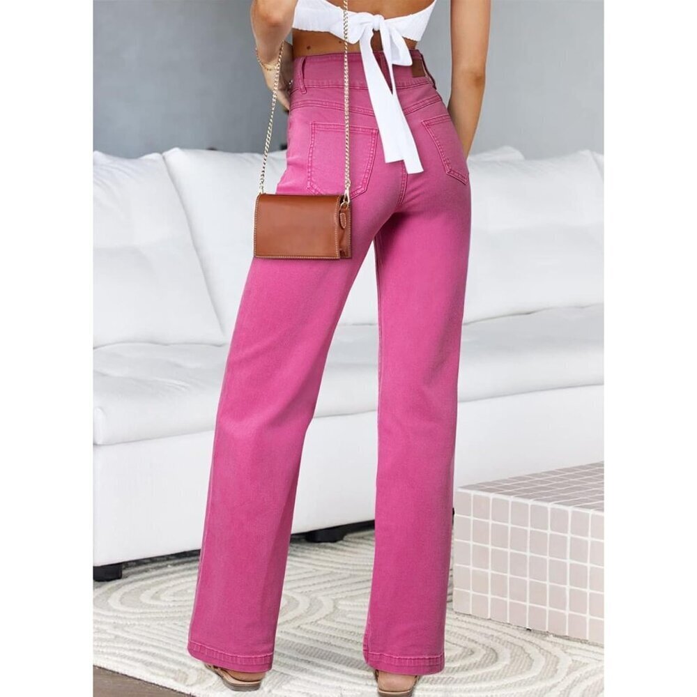 Women's Hot Pink High Waisted Straight Leg Stretchy Trendy Loose Denim Pants - Picture 2 of 6